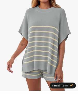 Fisoew  2-Piece Striped Oversized Batwing Short Top and Shorts Knit Lounge Set